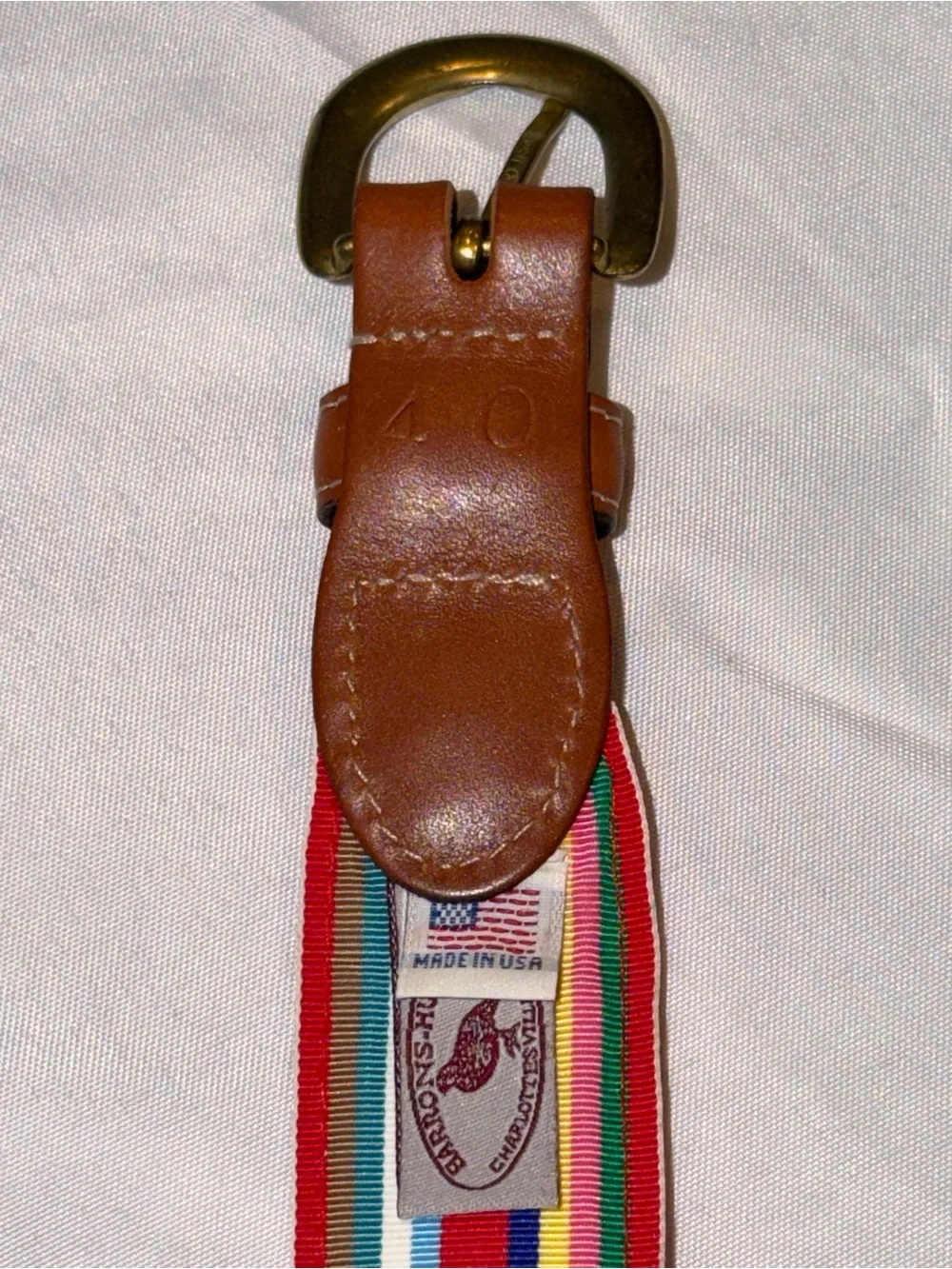 Barrons—Hunter Multicolor Stripe Belt with Brown Leather/Brass Buckle Sz 40